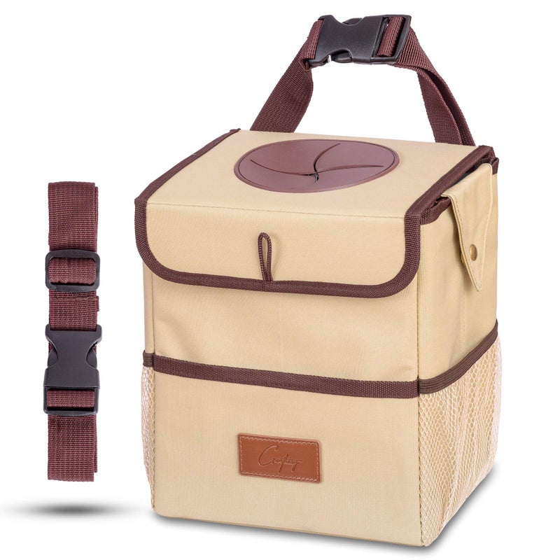 Creathing Car Trash Can [Touring Edition] - Removable Liner - 100% Leakproof, Odor Control Lid, Hanging Garbage Bin for SUV, Truck, Car (2 Gal, Beige) - Image 1